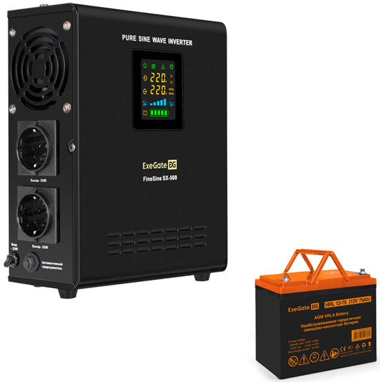 ИБП + батарея ExeGate FineSine SX-500.LCD.AVR.2SH + HRL 12-75 (75Ач) F667534 - фото 78286