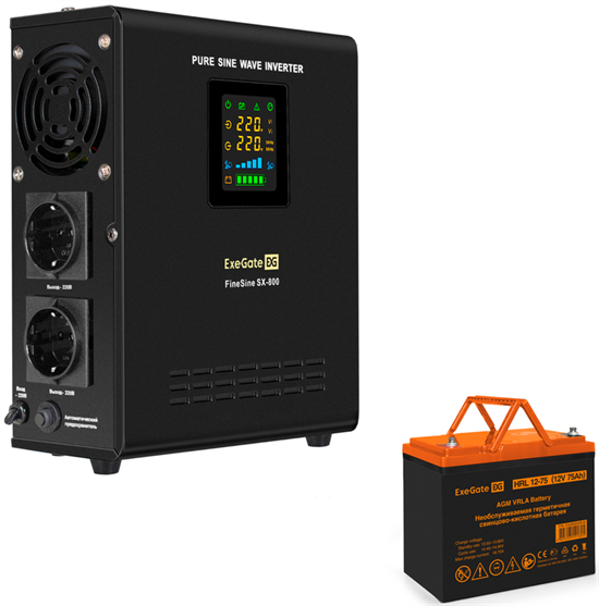ИБП + батарея ExeGate FineSine SX-800.LCD.AVR.2SH + HRL 12-75 (75Ач) F667535 - фото 78560