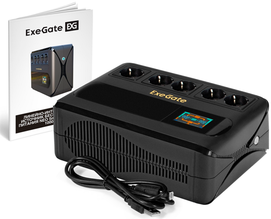 ИБП + батарея ExeGate NEO Smart BU-1000.LCD.AVR.5SH.RJ.USB F728536 - фото 78597