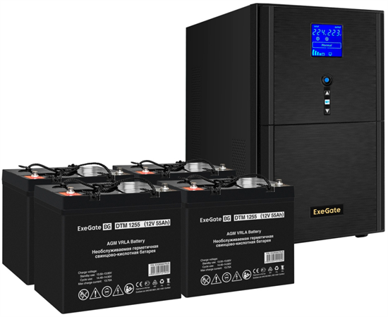 ИБП + батарея ExeGate SineTower SZ-3000.LCD.AVR.3SH.1C13.RJ.USB + 4x DTM 1255 (55Ач) F666939 - фото 78897